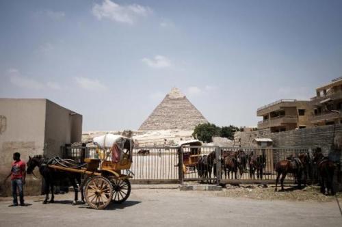 Des calèches pour les touristes attendent près des pyramides du Caire, le 18 juillet 2013 